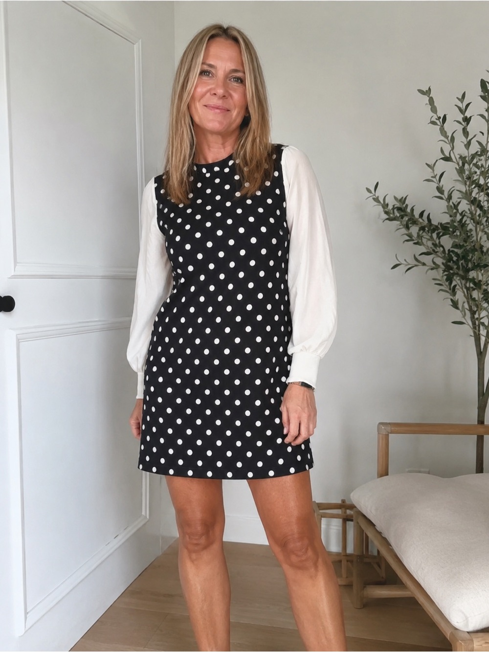 Zara Black Polka Dot Dress with White Long Sleeves